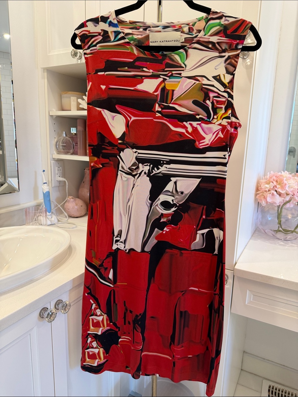 MARY KATRANTZOU Red Abstract Print Pencil Skirt with Multicolor Accents